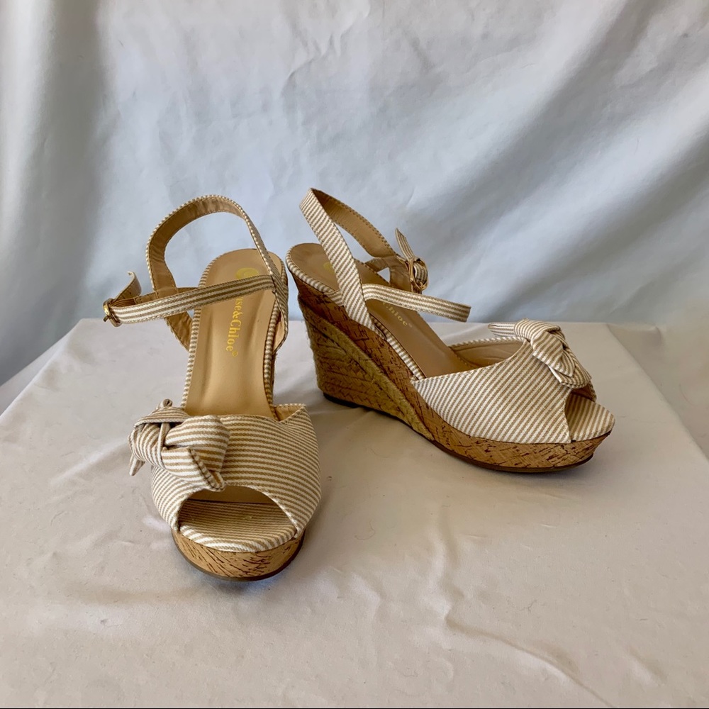 Chase & Chloe Tan Striped Wedges